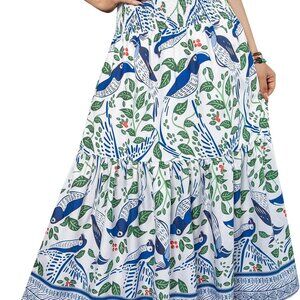 Women's Boho Skirt Elastic High Waist Pleated A-Line Flared Maxi Skirts Womens F